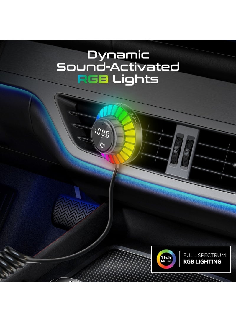PROMATE - Wireless Radio Car Adapter with AC Vent & Dashboard Compatible 1.5m built-in Controller, Bluetooth V5.3, PD30W USB-C, QC3.0 Fast Port, Hands-Free Calling, Dynamic RGB Lights, SmarTune-EXT Black - Image 1