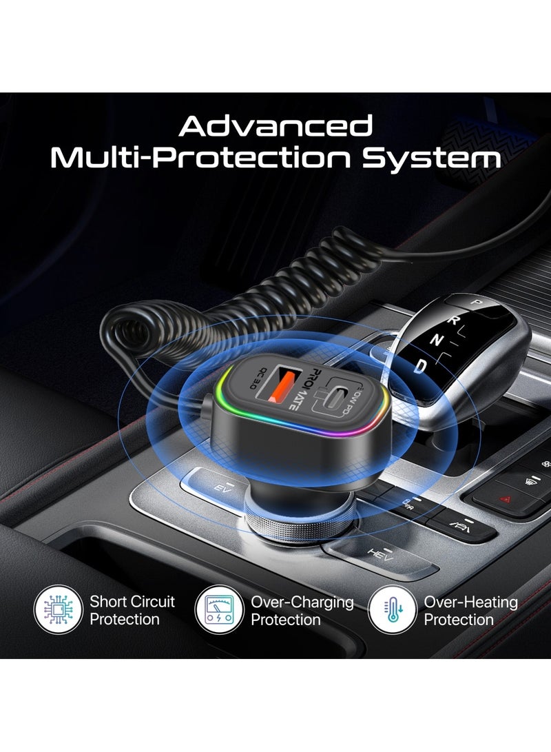 PROMATE - Wireless Radio Car Adapter with AC Vent & Dashboard Compatible 1.5m built-in Controller, Bluetooth V5.3, PD30W USB-C, QC3.0 Fast Port, Hands-Free Calling, Dynamic RGB Lights, SmarTune-EXT Black - Image 1
