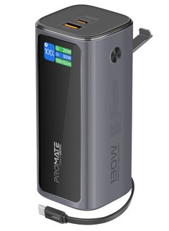 PROMATE 20000 mAh Power Bank, 130W Portable Charger with PD100W USB-C Port, Retractable PD100W USB-C Cable, 30W QC 3.0 Port, Built-in Mobile Stand, Digital Display, Universal Compatibility, Titan-130RC Black  - Image 1