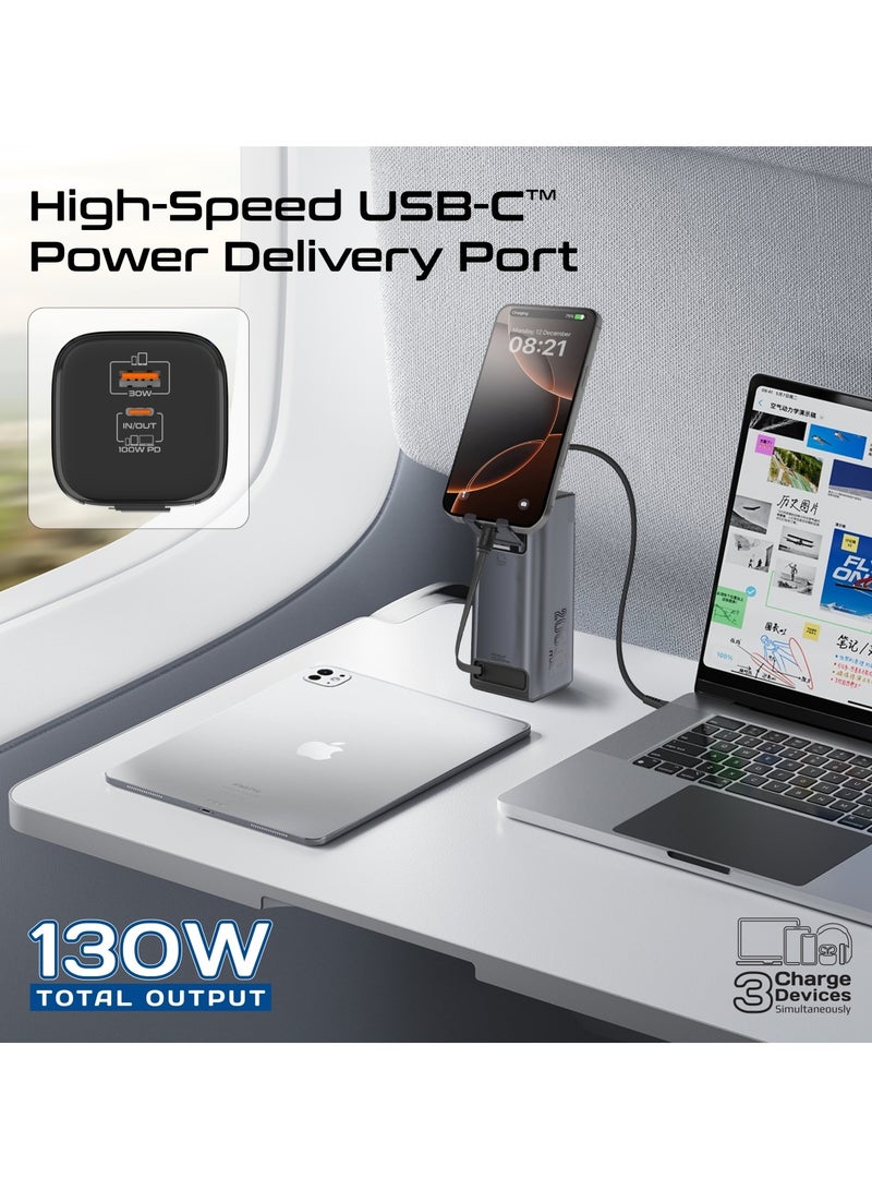 PROMATE - 20000 mAh Power Bank, 130W Portable Charger with PD100W USB-C Port, Retractable PD100W USB-C Cable, 30W QC 3.0 Port, Built-in Mobile Stand, Digital Display, Universal Compatibility, Titan-130RC Black - Image 1