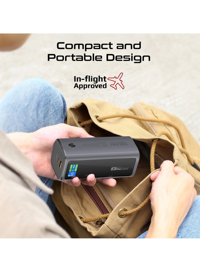 PROMATE - 20000 mAh Power Bank, 130W Portable Charger with PD100W USB-C Port, Retractable PD100W USB-C Cable, 30W QC 3.0 Port, Built-in Mobile Stand, Digital Display, Universal Compatibility, Titan-130RC Black - Image 1