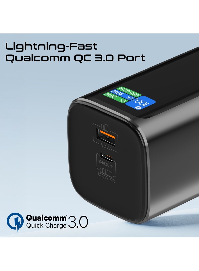 PROMATE - 20000 mAh Power Bank, 130W Portable Charger with PD100W USB-C Port, Retractable PD100W USB-C Cable, 30W QC 3.0 Port, Built-in Mobile Stand, Digital Display, Universal Compatibility, Titan-130RC Black - Image 1