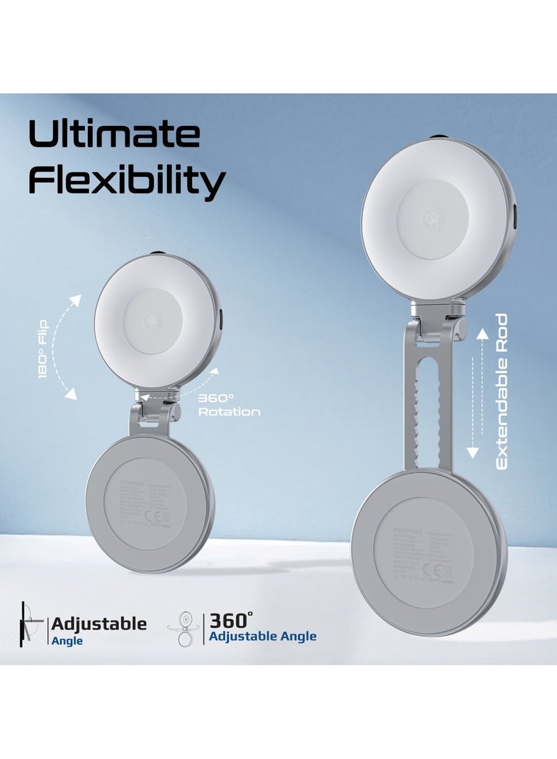 PROMATE - Portable MagSafe-Compatible Selfie Light with High-Capacity Rechargeable Battery, Triple LED Modes, Built-In Mirror, 180° Flip,360° Rotation, Extendable Arm, Wide Compatibility, MagHalo-Pro Grey - Image 1