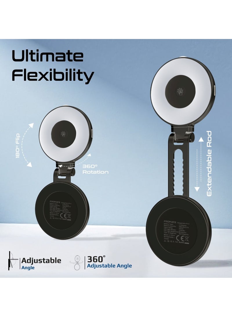 PROMATE - Portable MagSafe-Compatible Selfie Light with High-Capacity Rechargeable Battery, Triple LED Modes, Built-In Mirror, 180° Flip,360° Rotation, Extendable Arm, Wide Compatibility, MagHalo-Pro Black - Image 1