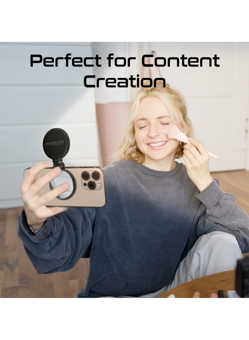 PROMATE - Portable MagSafe-Compatible Selfie Light with High-Capacity Rechargeable Battery, Triple LED Modes, Built-In Mirror, 180° Flip,360° Rotation, Extendable Arm, Wide Compatibility, MagHalo-Pro Black - Image 1