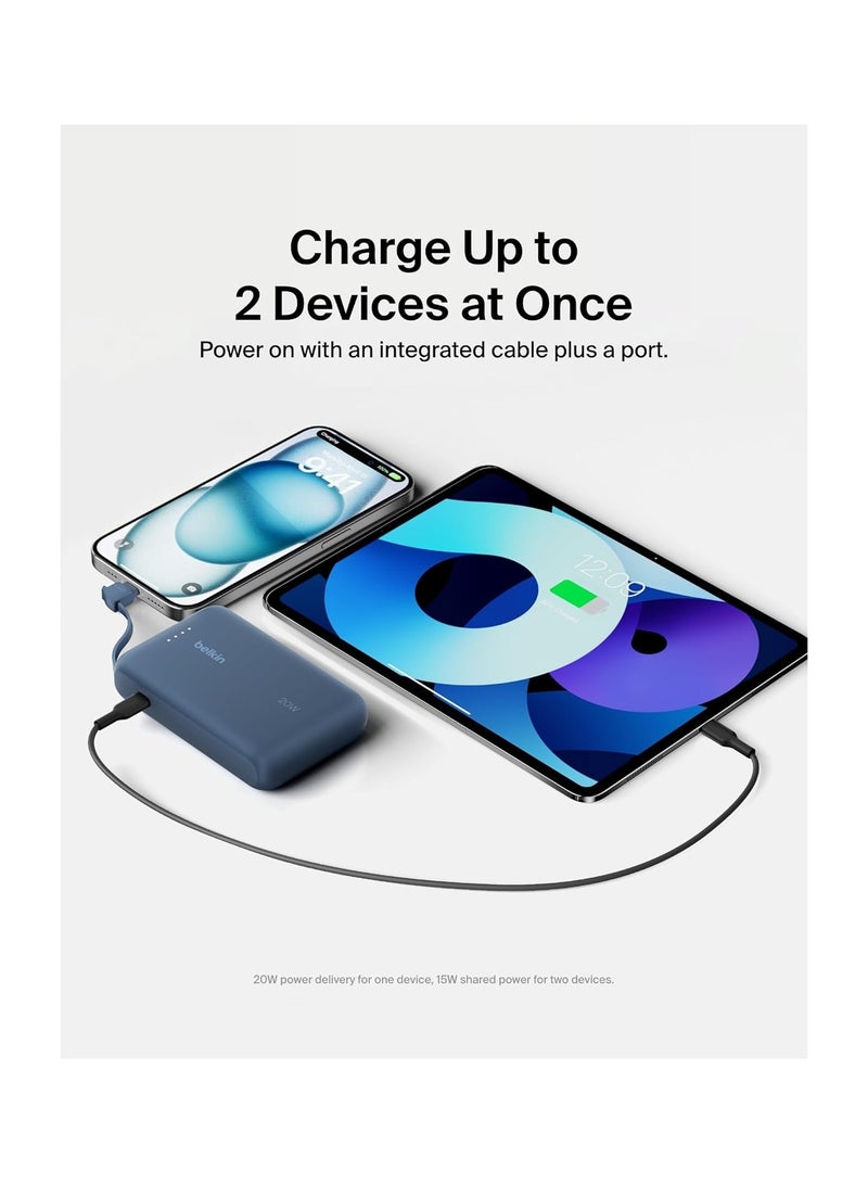 belkin 10000 mAh BoostCharge Power Bank, Portable Power Bank with Integrated Cable 10K PD 20W - Fast Charge USB-C Power Delivery, iPhone Power Bank Fast Charging for iPhone 16/15 Series, iPad Pro, Galaxy S24, More - Blue  - Image 3