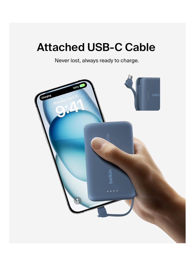 belkin 10000 mAh BoostCharge Power Bank, Portable Power Bank with Integrated Cable 10K PD 20W - Fast Charge USB-C Power Delivery, iPhone Power Bank Fast Charging for iPhone 16/15 Series, iPad Pro, Galaxy S24, More - Blue  - Image 5
