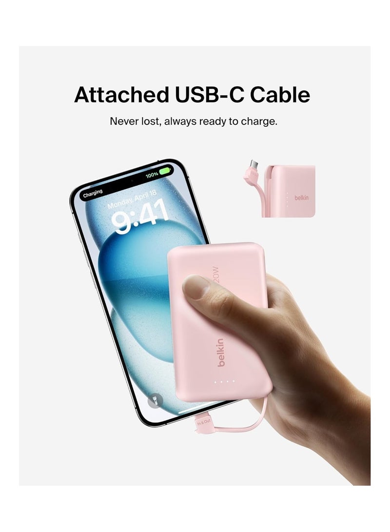 belkin 10000 mAh BoostCharge Power Bank, Portable Power Bank with Integrated Cable 10K PD 20W - Fast Charge USB-C Power Delivery, iPhone Power Bank Fast Charging for iPhone 16/15 Series, iPad Pro, Galaxy S24, More - Pink  - Image 4