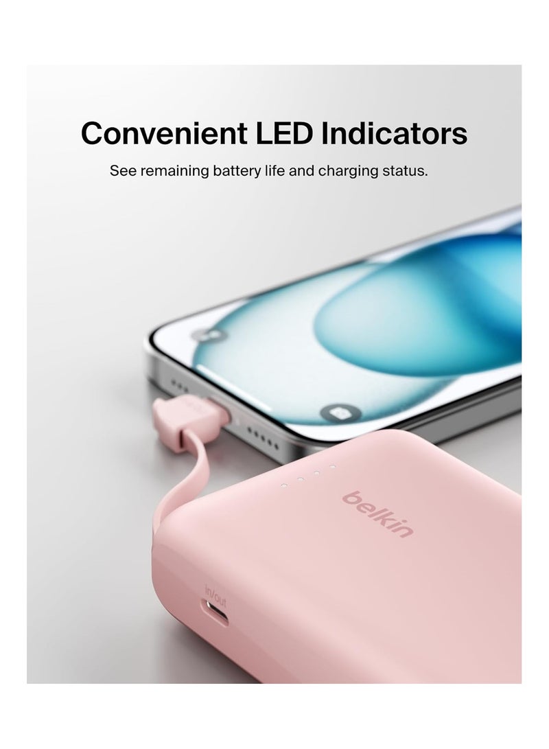 belkin 10000 mAh BoostCharge Power Bank, Portable Power Bank with Integrated Cable 10K PD 20W - Fast Charge USB-C Power Delivery, iPhone Power Bank Fast Charging for iPhone 16/15 Series, iPad Pro, Galaxy S24, More - Pink  - Image 5