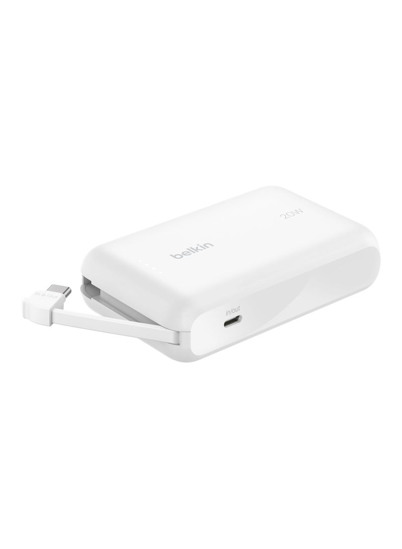 belkin 10000 mAh BoostCharge Power Bank, Portable Power Bank with Integrated Cable 10K PD 20W - Fast Charge USB-C Power Delivery, iPhone Power Bank Fast Charging for iPhone 16/15 Series, iPad Pro, Galaxy S24, More - White  - Image 1