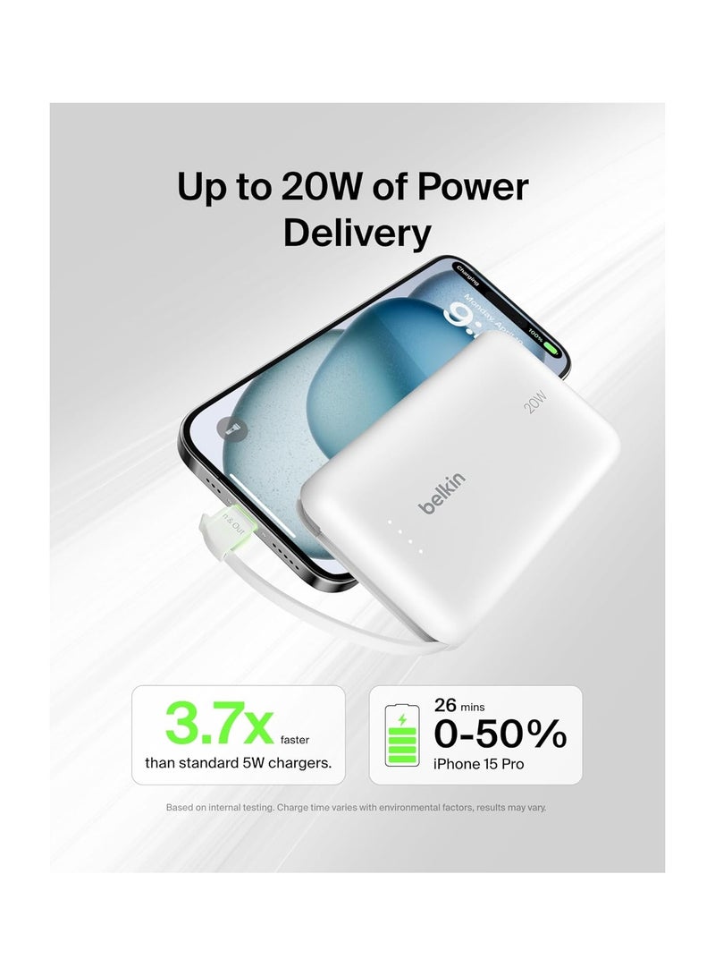 belkin 10000 mAh BoostCharge Power Bank, Portable Power Bank with Integrated Cable 10K PD 20W - Fast Charge USB-C Power Delivery, iPhone Power Bank Fast Charging for iPhone 16/15 Series, iPad Pro, Galaxy S24, More - White  - Image 2