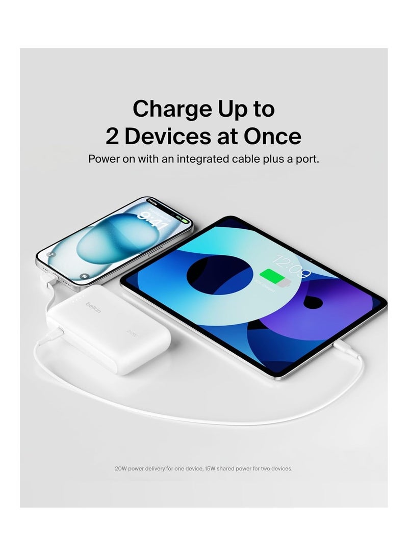 belkin 10000 mAh BoostCharge Power Bank, Portable Power Bank with Integrated Cable 10K PD 20W - Fast Charge USB-C Power Delivery, iPhone Power Bank Fast Charging for iPhone 16/15 Series, iPad Pro, Galaxy S24, More - White  - Image 3