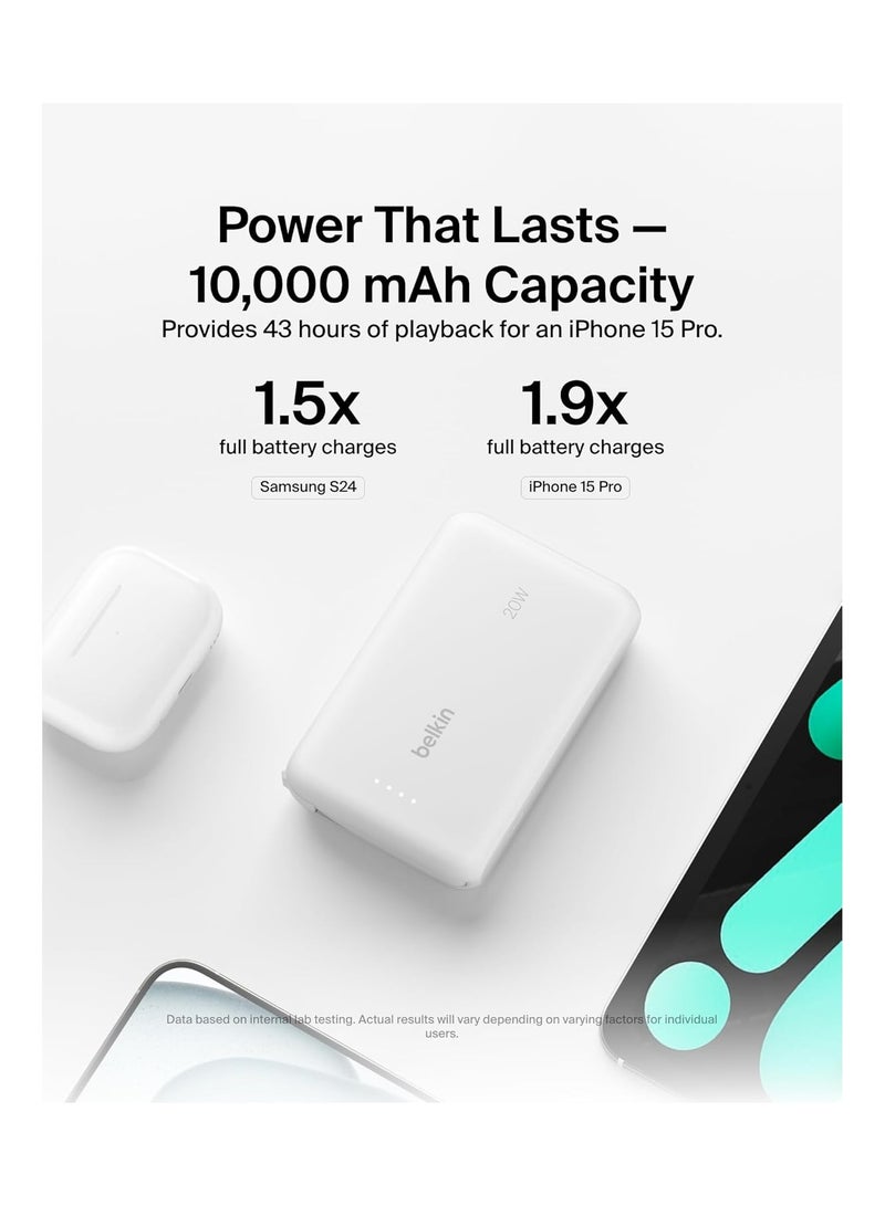 belkin 10000 mAh BoostCharge Power Bank, Portable Power Bank with Integrated Cable 10K PD 20W - Fast Charge USB-C Power Delivery, iPhone Power Bank Fast Charging for iPhone 16/15 Series, iPad Pro, Galaxy S24, More - White  - Image 4