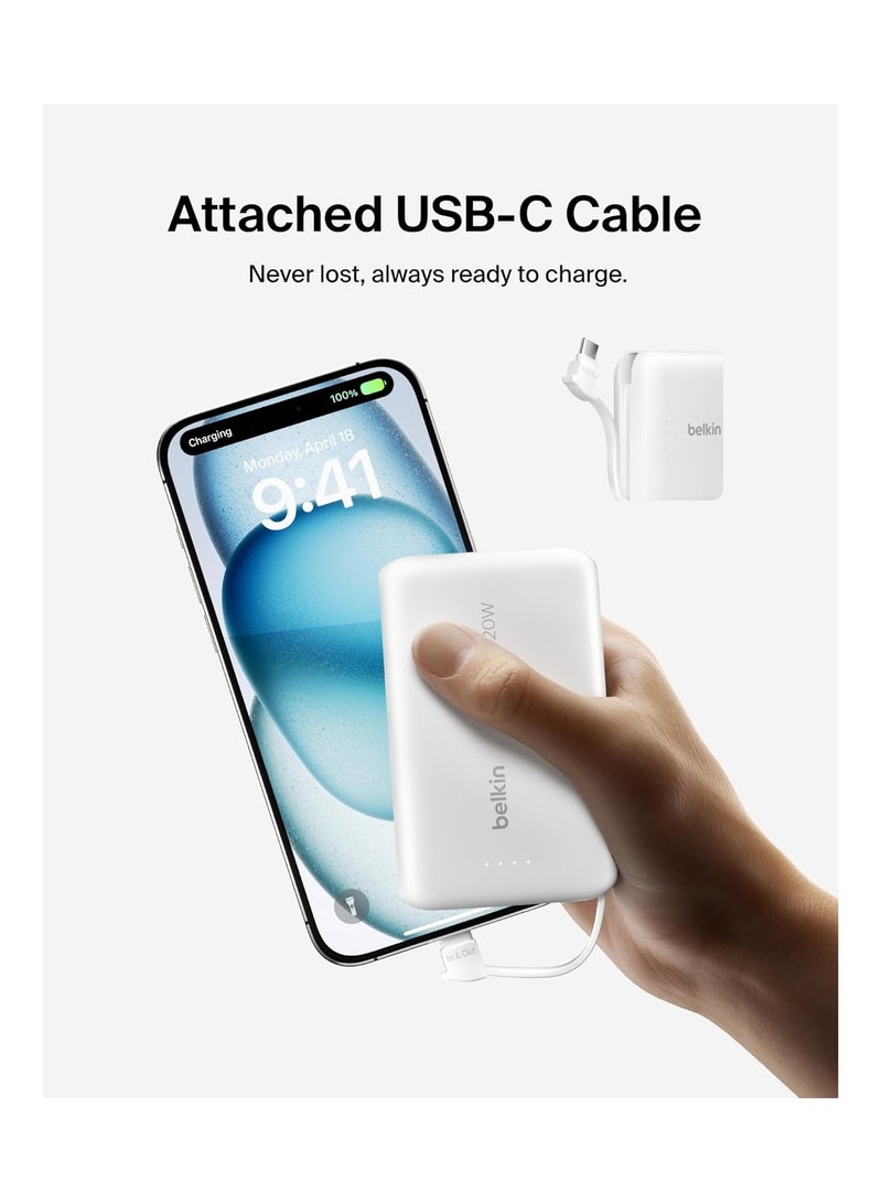 belkin 10000 mAh BoostCharge Power Bank, Portable Power Bank with Integrated Cable 10K PD 20W - Fast Charge USB-C Power Delivery, iPhone Power Bank Fast Charging for iPhone 16/15 Series, iPad Pro, Galaxy S24, More - White  - Image 5