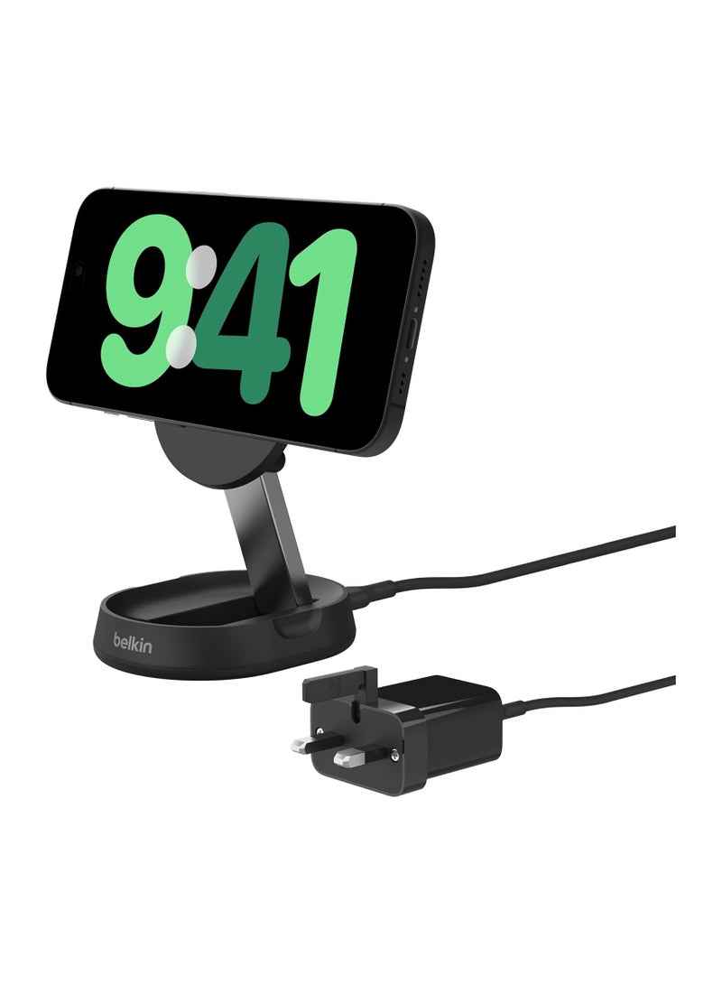 belkin BoostCharge Pro 15W convertible magnetic wireless charging stand, MagSafe compatible fast Qi2 wireless charger, magnetic fast charger for iPhone 16/15/14/13, AirPods Pro, 20W plug incl. - Black  - Image 1