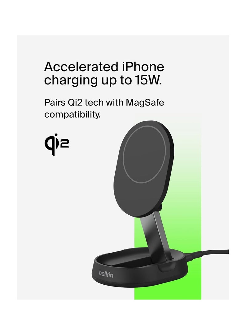 belkin BoostCharge Pro 15W convertible magnetic wireless charging stand, MagSafe compatible fast Qi2 wireless charger, magnetic fast charger for iPhone 16/15/14/13, AirPods Pro, 20W plug incl. - Black  - Image 2