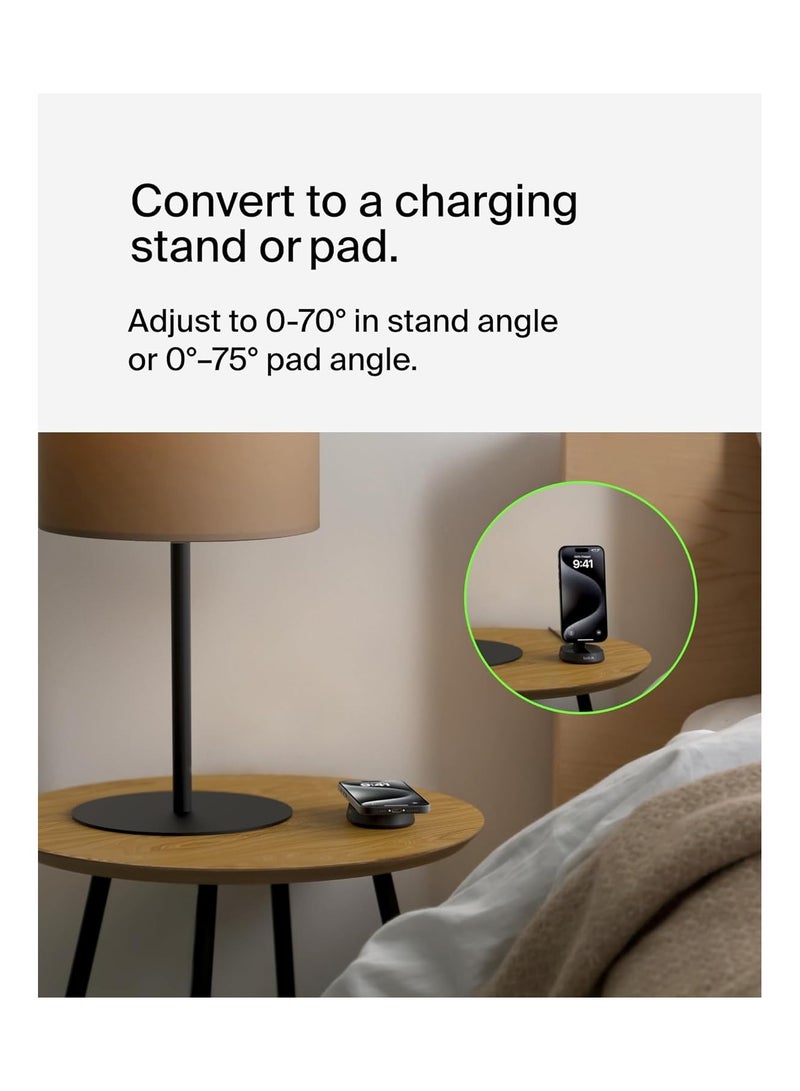 belkin BoostCharge Pro 15W convertible magnetic wireless charging stand, MagSafe compatible fast Qi2 wireless charger, magnetic fast charger for iPhone 16/15/14/13, AirPods Pro, 20W plug incl. - Black  - Image 3