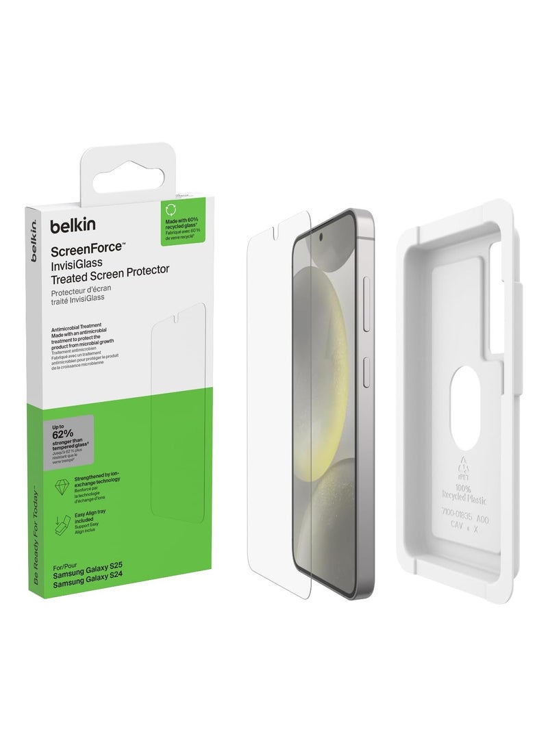 belkin ScreenForce InvisiGlass Treated Screen Protector for Samsung Galaxy S25, S24, Scratch-Resistant Impact Protection w/Included Easy Align Tray for Bubble-Free Application - Recycled Glass Clear - Image 1