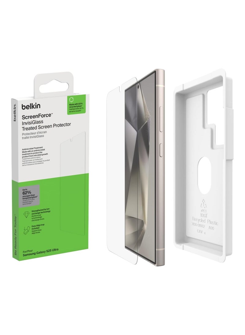 belkin ScreenForce InvisiGlass Treated Screen Protector for Samsung Galaxy S25 Ultra, Scratch-Resistant Impact Protection w/Included Easy Align Tray for Bubble-Free Application - Recycled Glass - Clear - Image 1