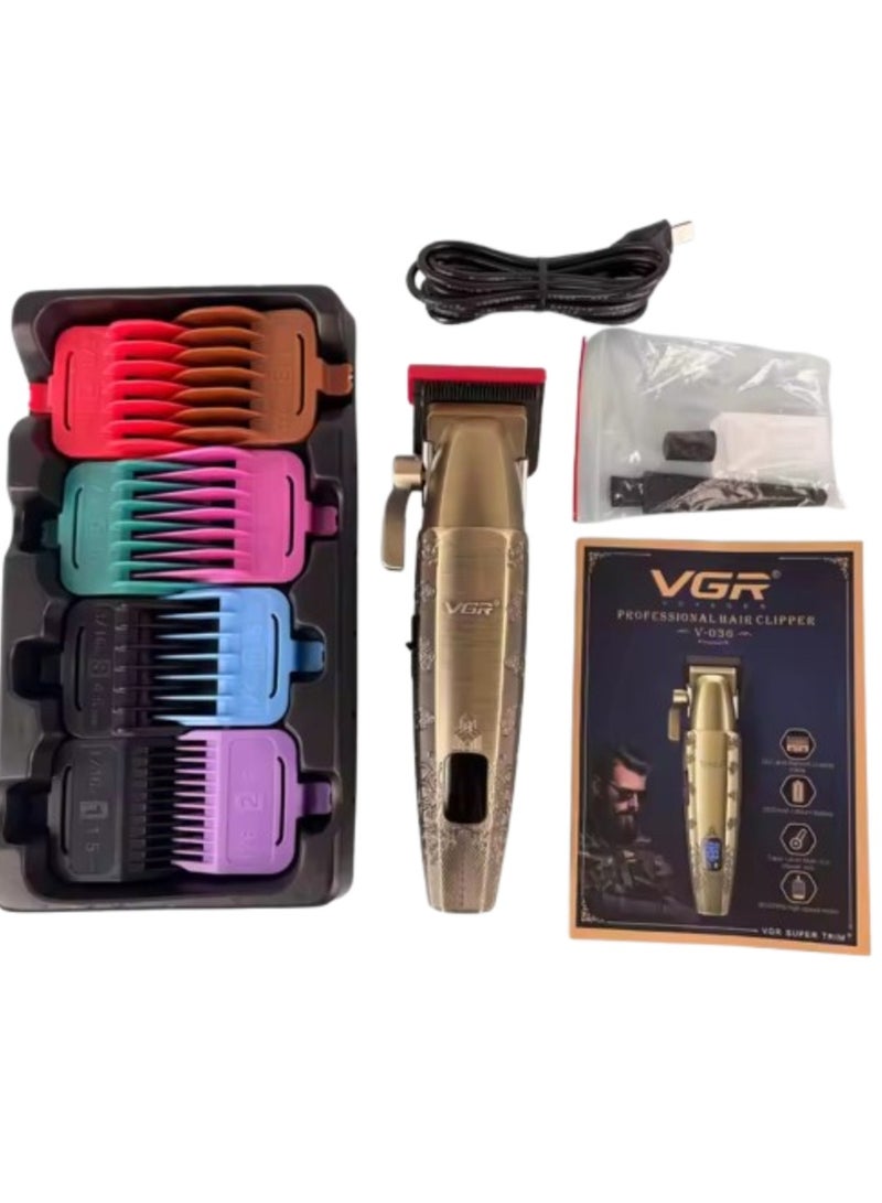 VGR V-036 9000rpm Metal Salon Barber Clippers Rechargeable Professional Hair Clipper for Men Gold  - Image 1