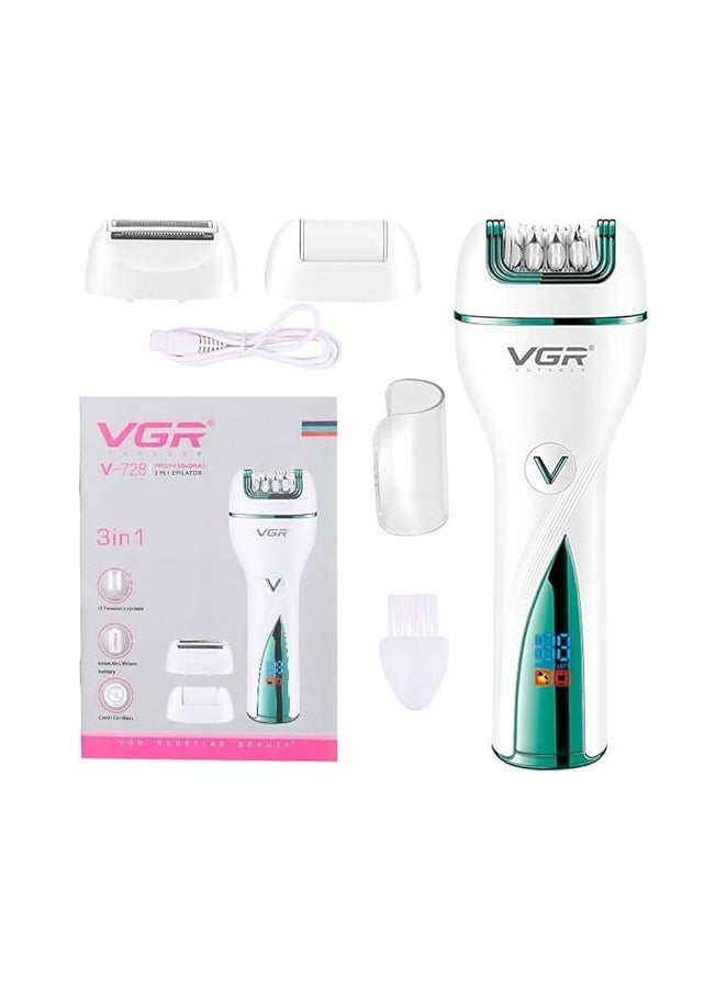 VGR V-728 3in1 Women Epilator Electric Female Shaver Leg Body Hair Removal Facial Lip Chin Lady Bikini Trimmer Rechargeable Callus Remover Multicolor  - Image 1