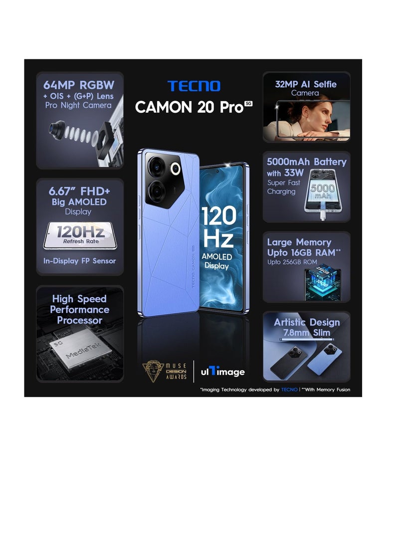 Camon 20s Pro 5G Serenity Blue 8GB RAM 256GB Storage MediaTek Dimensity 8020 Processor | 64MP RGBW G+P OIS Rear Camera|6.67 FHD+ Big AMOLED Screen With Smartwatch and Earbuds - pnsku/N70157349V/45/_/1740653398/7a3b7a2e-bcaa-4cc4-97cc-d3a8f9a51f0e