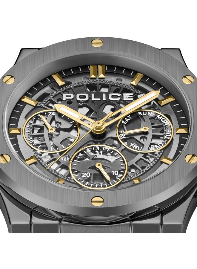 POLICE Men's Knotty 42mm Multi-Function Watch with Stainless Steel Bracelet, Ion-Plated Gun Dial & Gold-Plated Indexes  - Image 4