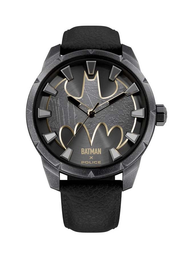 POLICE Men's Batman 45mm Analog Watch with Antique Ion-Plated Gun Dial, Batman Logo & Genuine Leather Strap  - Image 1