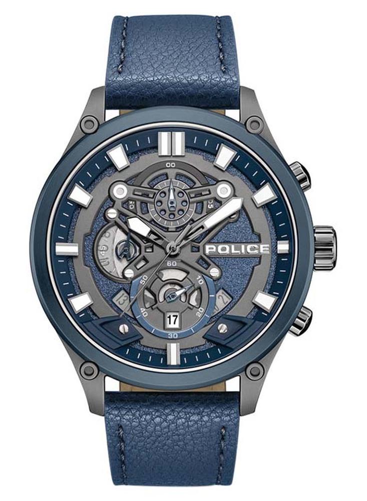 POLICE Men's Wadden 45mm Chronograph Watch with Blue Leather Strap, Quartz Movement, Screw-Detailed Dial - Image 1