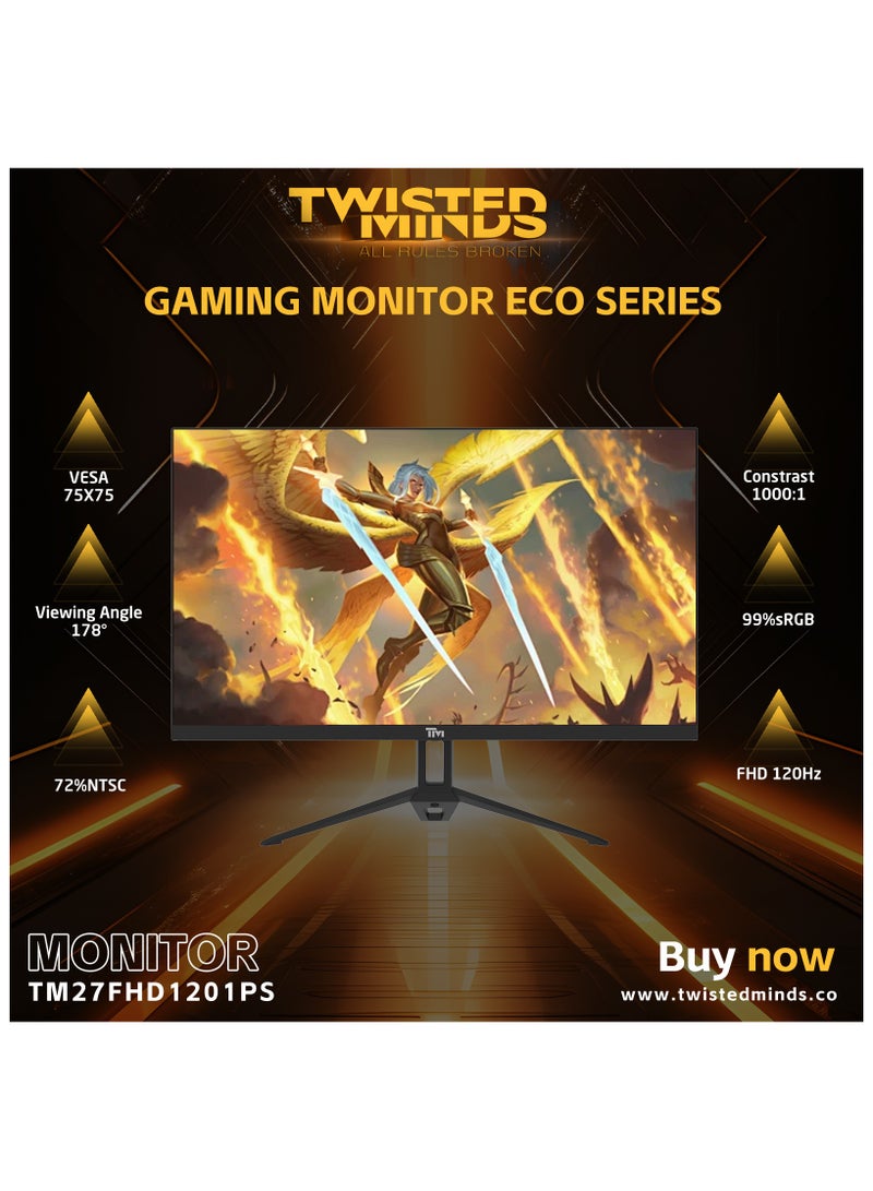 تويستيد مايندز TM ECO SERIES 27” Gaming Monitor – 120Hz, 1ms Response Time, FHD 1920x1080, IPS Panel, HDMI 2.1 & DP 1.4, Adaptive Sync, Built-in Speakers, Low Blue Light, 300cd/m² Brightness, VESA Mount 75x75mm, External Power Supply, TM27FHD120IPS Black  - Image 3