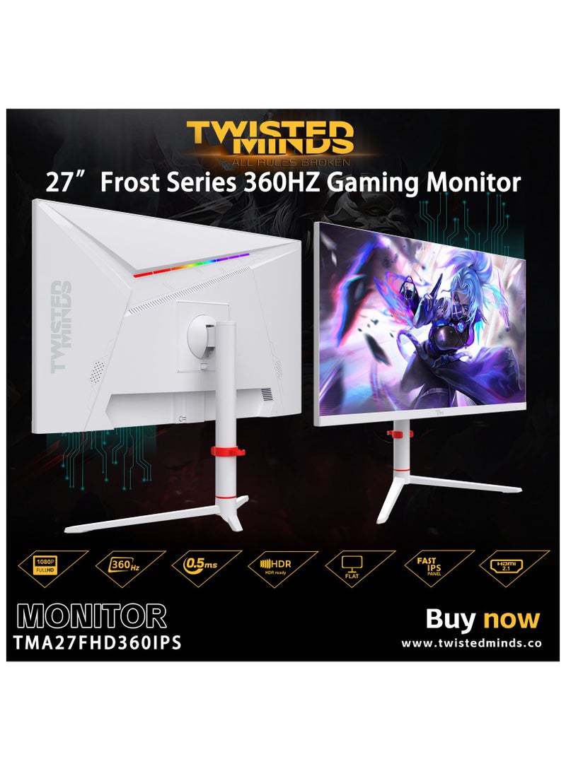 TWISTED MINDS - TMA27FHD360IPS 27" FHD Gaming Monitor, 360Hz Fast IPS Panel, 0.5ms Response, HDR400 Ready, FreeSync, HDMI 2.1 & DP 1.4, Ambilight RGB, Adjustable Stand, Xbox Series X|S & PS5 Compatible White - Image 1