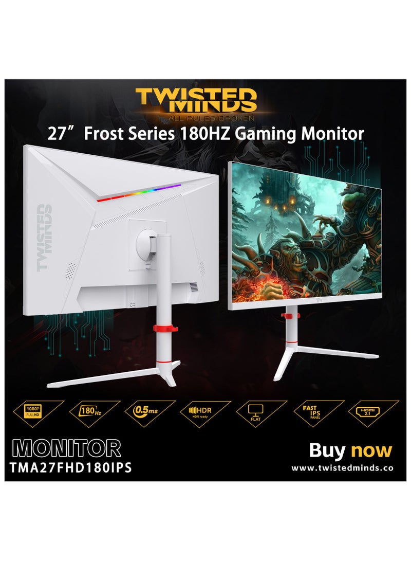 TWISTED MINDS - TMA27FHD180IPS 27" FHD Gaming Monitor, 180Hz Fast IPS Panel, 1ms Response, HDR400 Ready, FreeSync, HDMI 2.1 & DP 1.4, Ambilight RGB, Adjustable Stand, Xbox Series X|S & PS5 Compatible White - Image 1