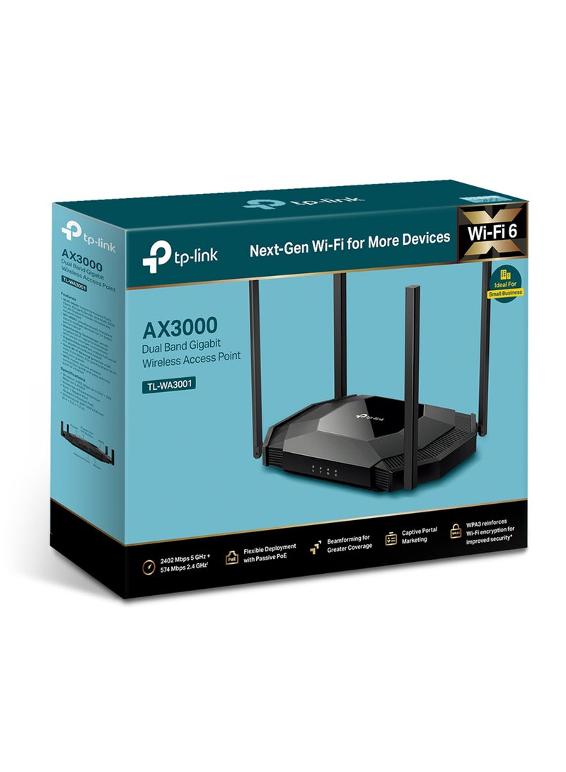 TP-LINK - TL-WA3001 AX3000 Gigabit Wi-Fi 6 Access Point, Dual Band 2.4GHz 574Mbps & 5GHz 2402Mbps, 4 Fixed Antennas, Passive PoE, WPA3 Security, Multi-SSID, Access Point/Range Extender/Client Modes, SNMP, PoE Power Injector, FCC Certified, 48V Power Supply Black - Image 1