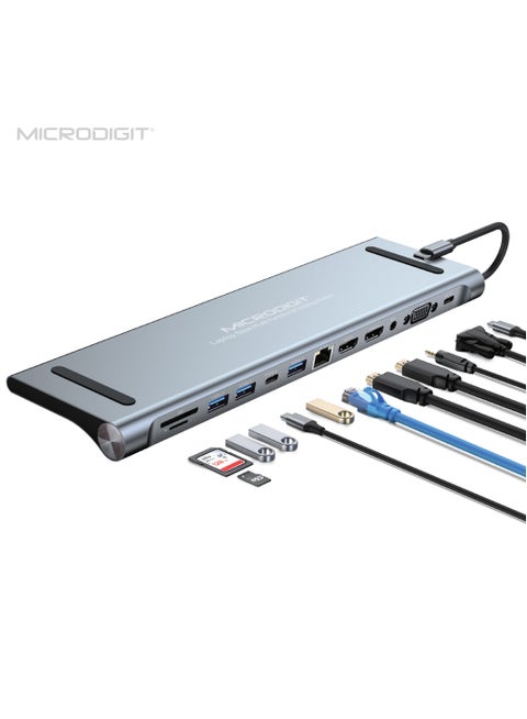 Premium USB C HUB,USB Type C 12-in-1 Dock, Docking Station USB C, Aluminium C Hub With RJ45 Ethernet, HDMI, VGA, Audio Mic Port, SD/TF Card Reader Silver/Grey