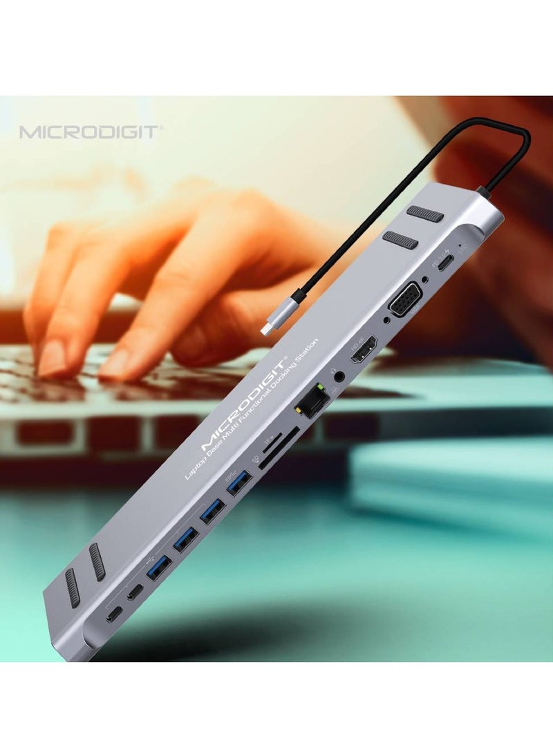 ميكرو ديجيت - Premium USB C HUB,USB Type C 12-in-1 Dock, Docking Station USB C, Aluminium C Hub With RJ45 Ethernet, HDMI, VGA, Audio Mic Port, SD/TF Card Reader Silver/Grey - Image 1