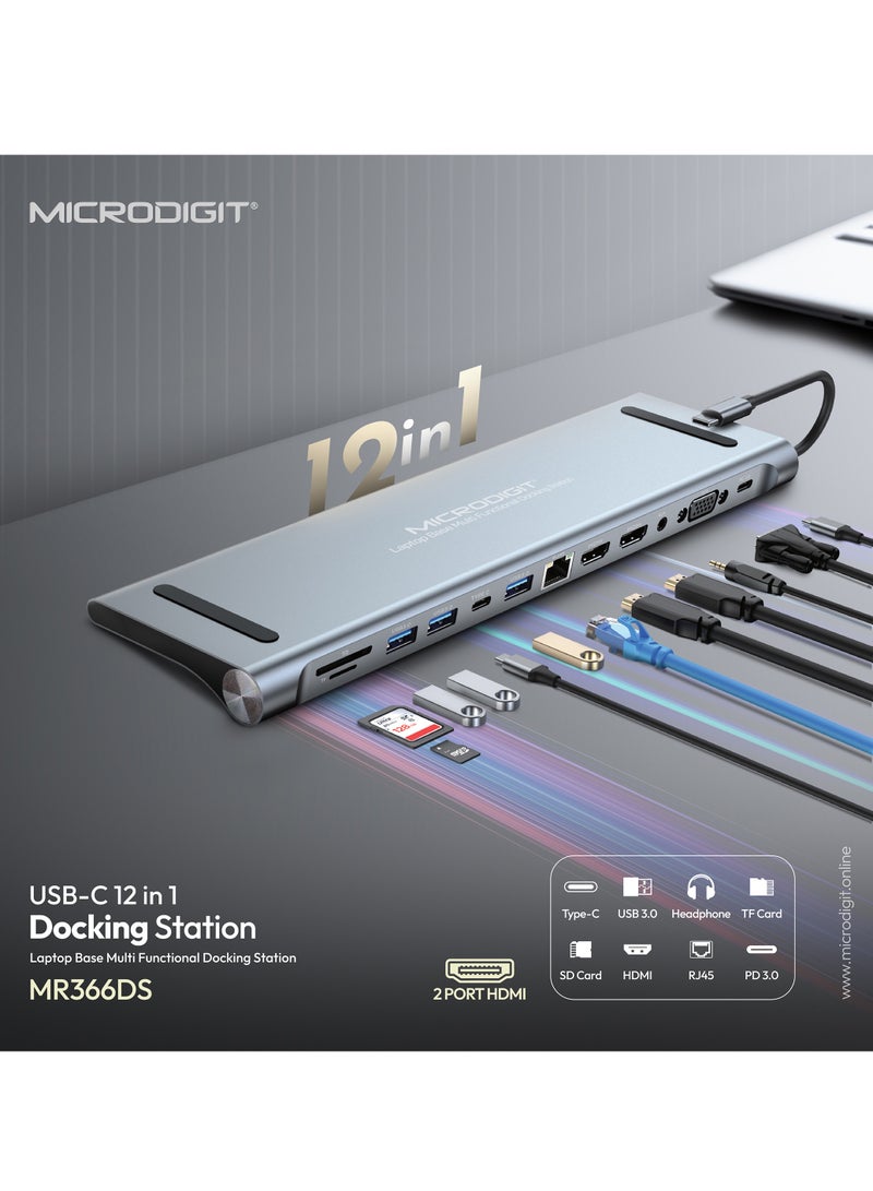ميكرو ديجيت - Premium USB C HUB,USB Type C 12-in-1 Dock, Docking Station USB C, Aluminium C Hub With RJ45 Ethernet, HDMI, VGA, Audio Mic Port, SD/TF Card Reader Silver/Grey - Image 1