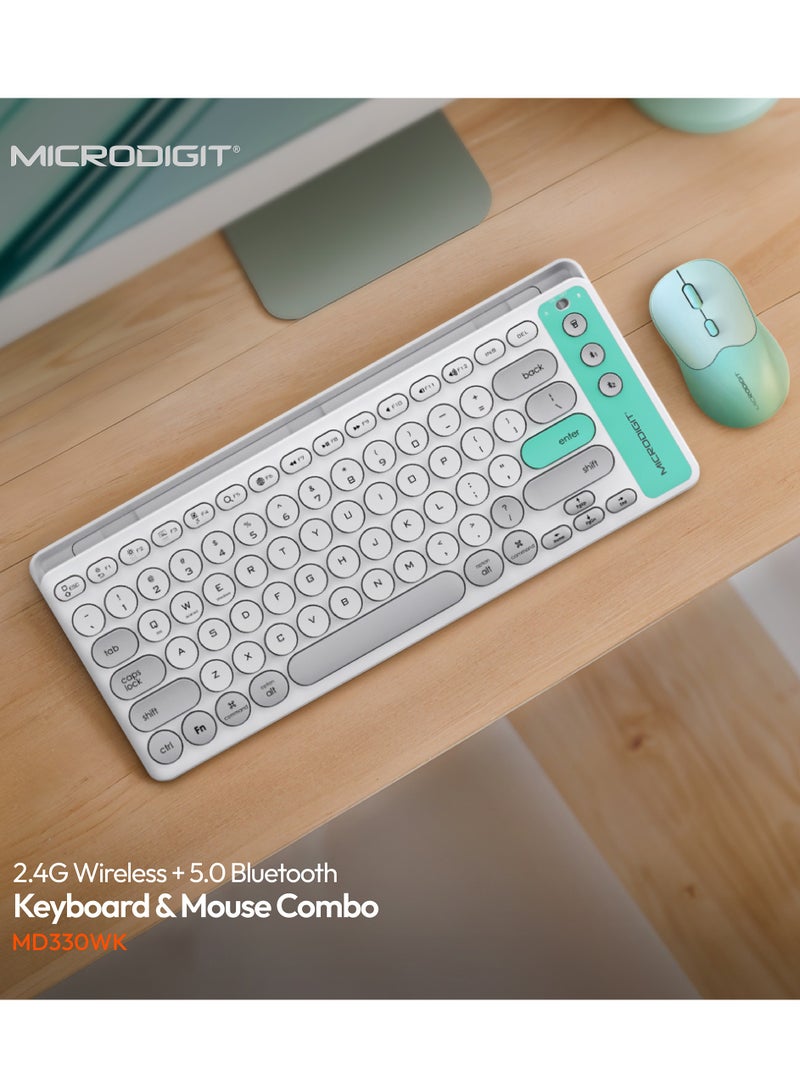 ميكرو ديجيت - Premium Wireless Keyboard and Mouse Combo, 2.4G Wireless+5.0 Bluetooth Connection Grey/Green - Image 1