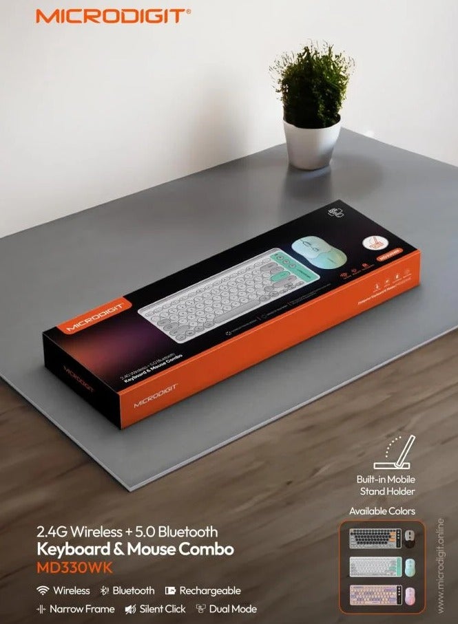 ميكرو ديجيت - Premium Wireless Keyboard and Mouse Combo, 2.4G Wireless+5.0 Bluetooth Connection Grey/Green - Image 1
