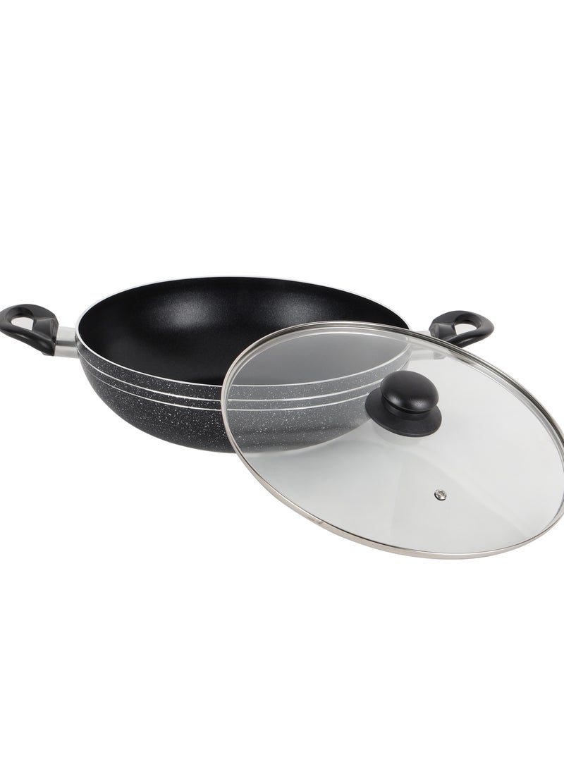 رويال فورد Royalford Elight Series 26 cm Aluminum Wokpan with Nonstick Coating- RF11884/ with Tempered Glass Lid and Soft Touch Bakelite Handles Black  - Image 2