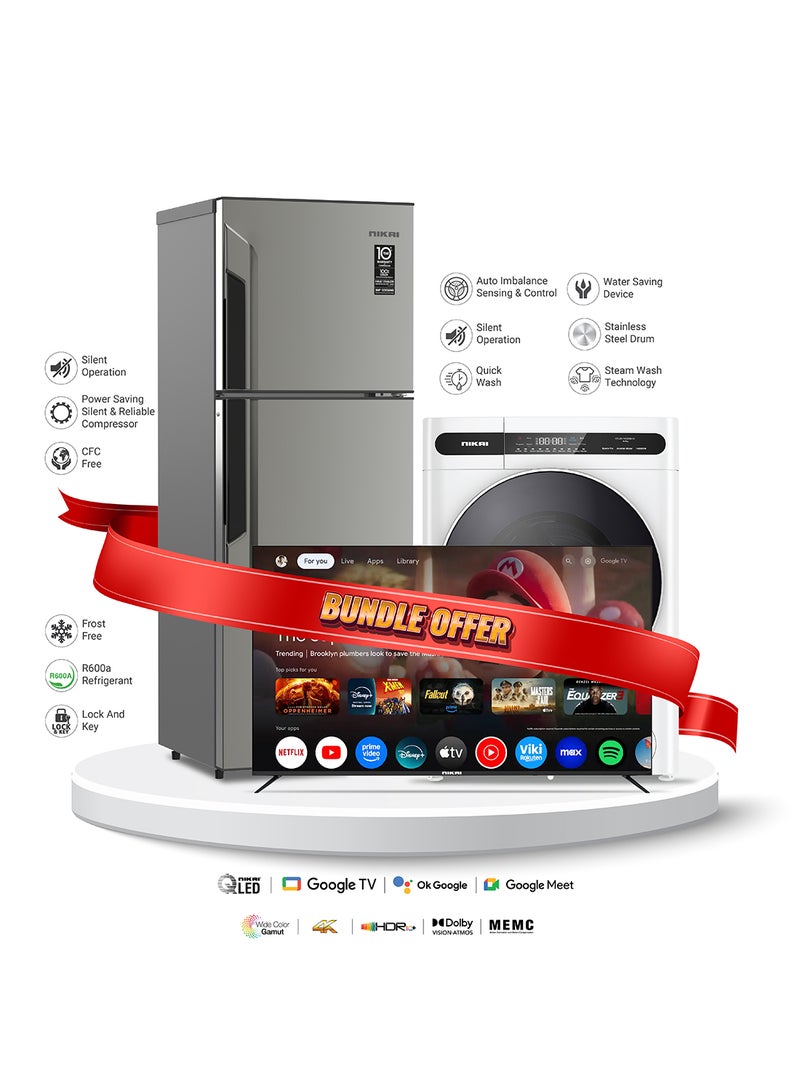 نيكاي - Bundle 500L Double Door Frost Free Refrigerator (NRF500FSS) + 8/5  Fully Automatic Washer & Dryer (NWM805FDW) + Nikai 4K Google Smart TV (55NIKGOOGLE) 500 L 113 W NRF500FSS+NWM+55NIK Silver - Image 1