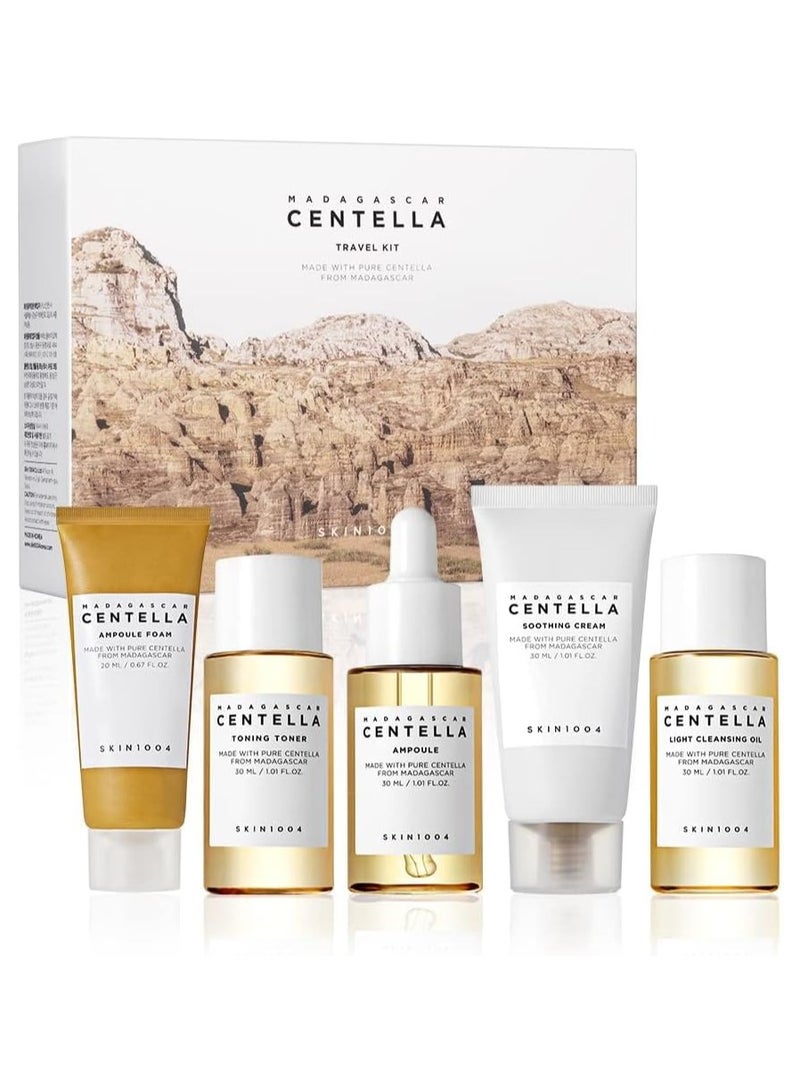 skin1004 Madagascar Centella Travel Kit, Toner, Ampoule, Soothing Cream, Cleansing Oil, Ampoule Foam, Basic Skincare Box, Compact Size, Soothing Calming  - Image 1