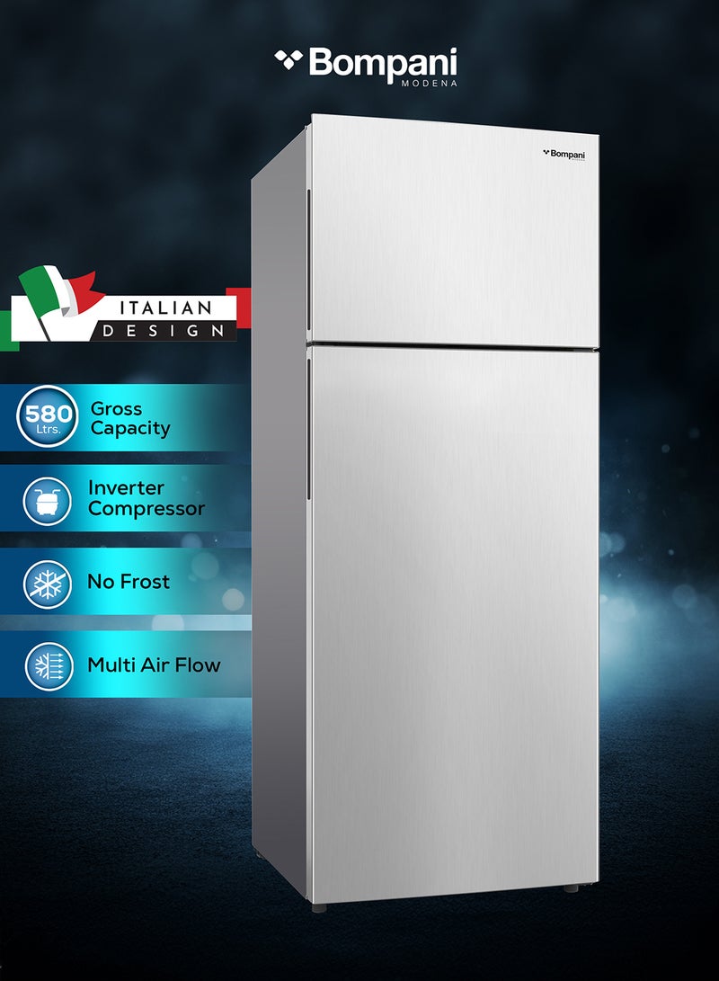 Bompani - 580L Gross Capacity 466L Net Capacity Double Door NoFrost Refrigerator with LED Interior Light, Electronic Control, R600a Refrigerant, Multi-Air Flow, and Twist Ice Maker – Efficient Cooling for Modern Homes - 485.45 kW BR580SSN Silver - Image 1