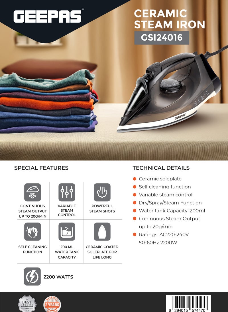 GEEPAS - Ceramic Steam Iron | Dry and Spray Functions, Press Box with Self-Cleaning Function | Compact and Handy Design with Powerful Shots | Suitable for All Kinds of Fabric | 2 Years Warranty 200 ml 2200 W GSI24016 Black - Image 1