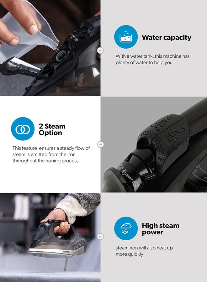 جيباس - Ceramic Steam Iron | Dry and Spray Functions, Press Box with Self-Cleaning Function | Compact and Handy Design with Powerful Shots | Suitable for All Kinds of Fabric | 2 Years Warranty 200 ml 2200 W GSI24016 Black - Image 1