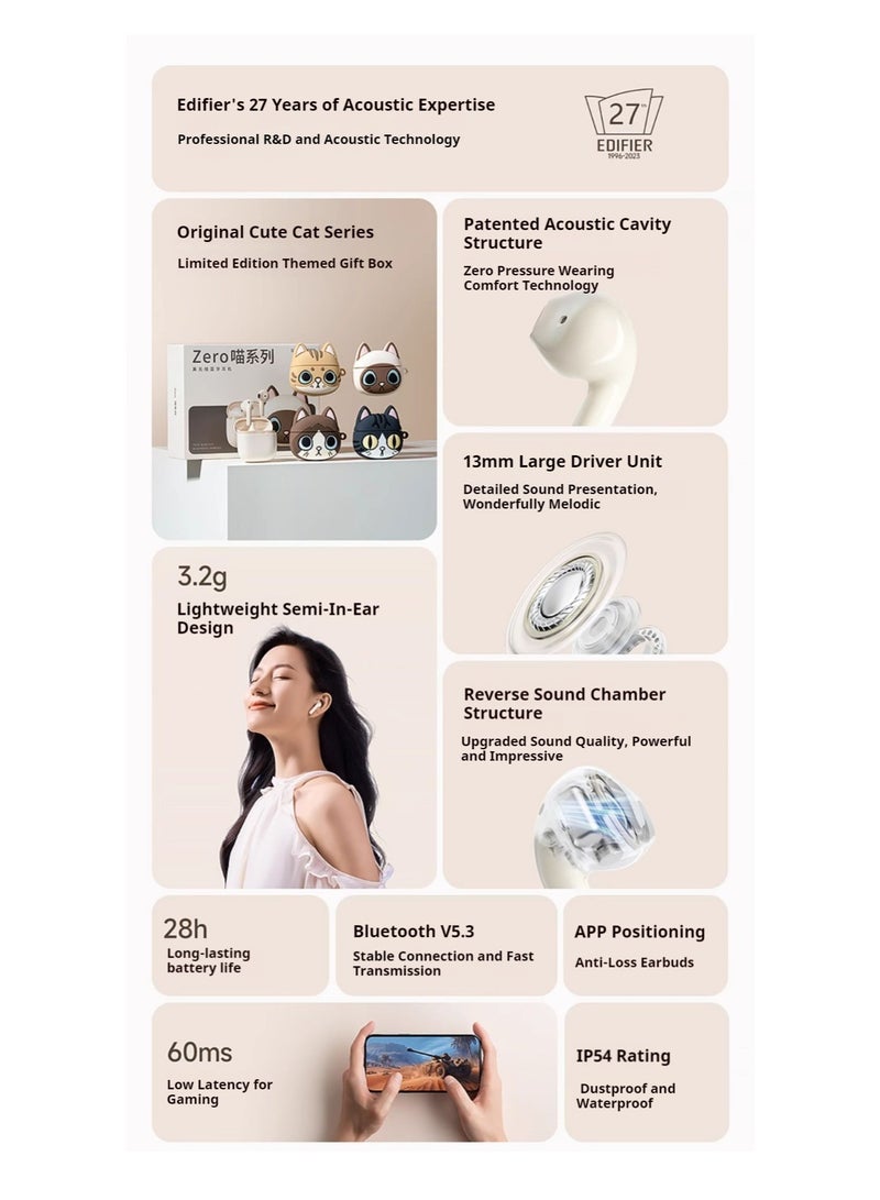 EDIFIER - Zero CAT Earbuds Siamese Cat-Inspired Design with High-Quality Sound Bluetooth 5.3 Long Battery Life Waterproof AI Noise Reduction and Game Mode Perfect for Music Lovers and Fashion Enthusiasts White (Siamese cat) - Image 1