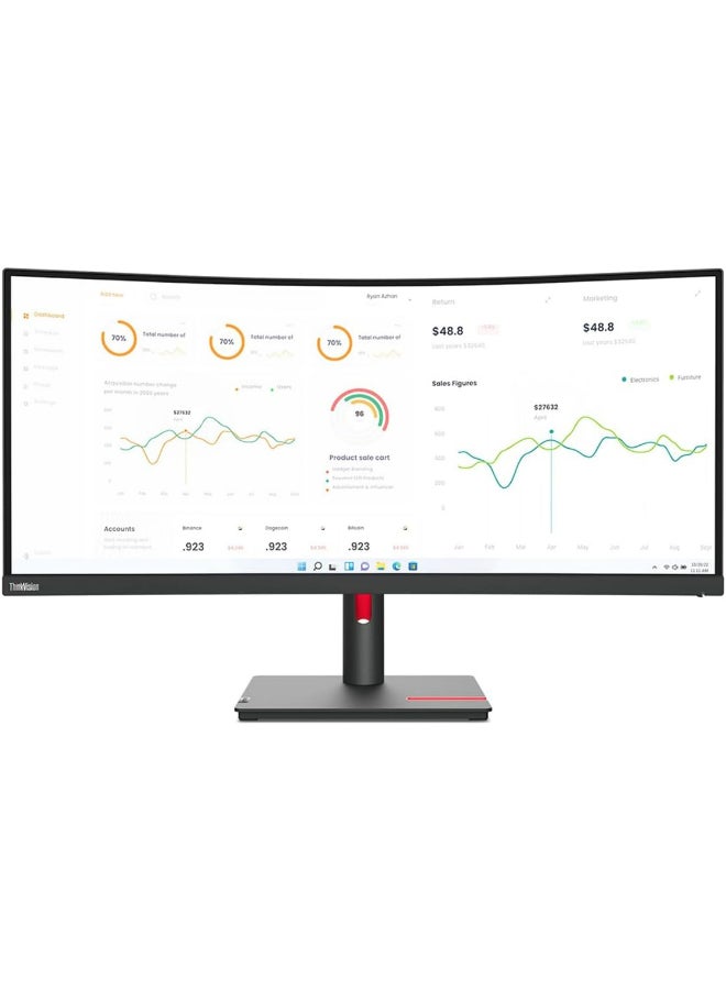 Lenovo - 34" Inch ThinkVision Curved Computer Monitor 2k WQHD (3440x1440) VA Panel Technology, Ethernet (RJ-45) port, USB-C 3.2 support Power delivery up to 75W, Adjustable Stand - T34w-30 | Black - Image 1