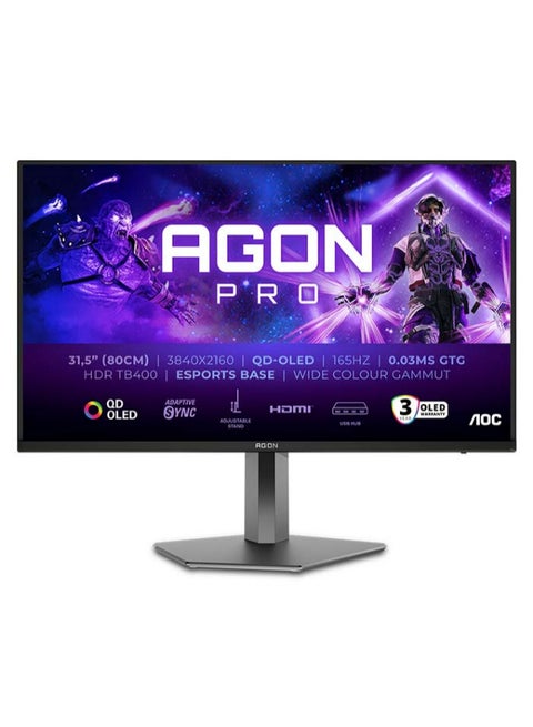 شاشة كمبيوتر الألعاب AGON AG326UD AOC برو مقاس 31.5 بوصة 4k يو اتش دي 3840x2160، ديسبلاي HDR 400، تقنية العرض QD-OLED، معدل التحديث 165 هيرتز، سرعة الاستجابة 0.03 ملي ثانية، تقنية المزامنة Adaptive سينك، منفذ HDMI 2.1، تأثيرات ضوئية، استناد قابل للتعديل، سماعات صوت داخلية