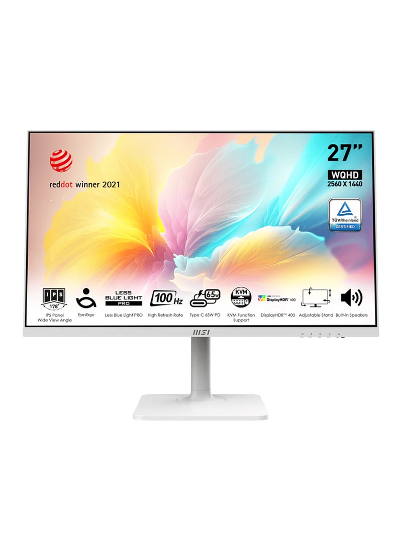 MSI - Modern MD272QXPW 27" QHD IPS Monitor, 100Hz Refresh Rate, 1ms Response Time, HDR 400, 400 cd/m² Brightness, 178° Viewing Angle, 115% sRGB, USB-C (65W PD), HDMI, DisplayPort, 2x USB 2.0, 2x 3W Speakers, Adjustable Stand, VESA Mountable | 9S6-3PB19H-218 White - Image 1