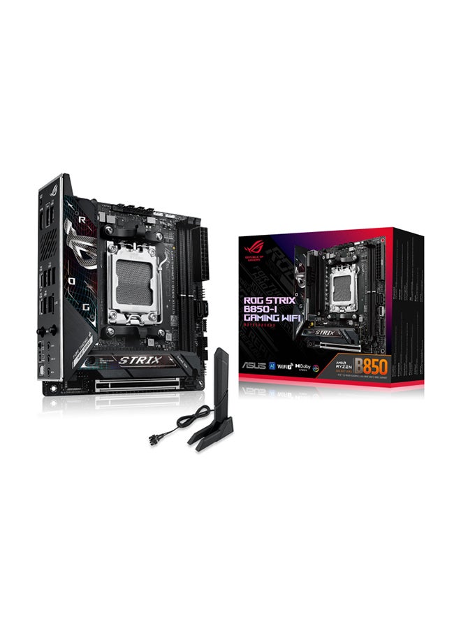 ASUS - ROG Strix B850-I Gaming Wi-Fi Motherboard, AMD B850 Chipset, PCIe 5.0 x16, 2 x M.2 Slots (PCIe 5.0 x4), Supports Up to 128GB DDR5 (8400+MT/s), Wi-Fi 7, Intel 2.5Gb Ethernet, 10+2+1 Power Stages, AI Overclocking, Dual Channel, AEMP, SupremeFX 7.1 Audio, Mini-ITX Form Factor, Aura Sync, USB 20Gbps, HDMI 2.1, Bluetooth 5.4 | 90MB1K30-M0EAY0 Black - Image 1