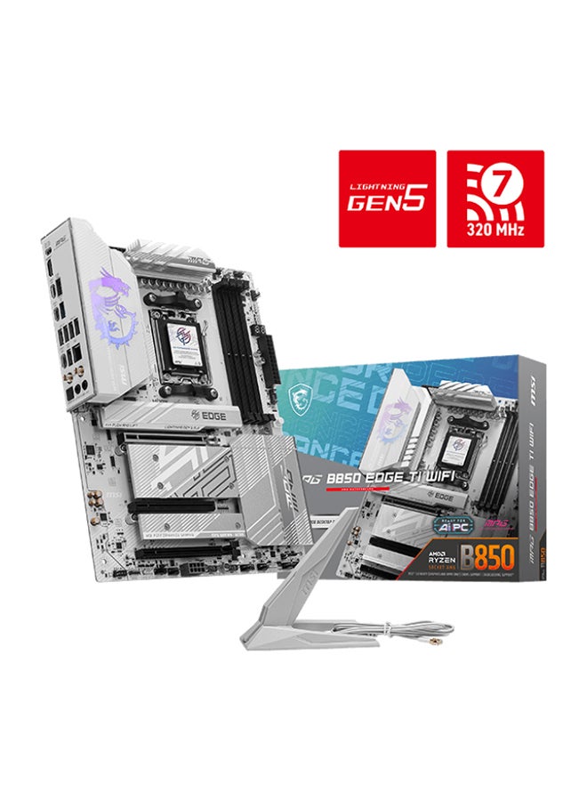MSI - MPG B850 EDGE TI Wi-Fi ATX Motherboard for AMD Ryzen™ 9000/8000/7000 Series (AM5 Socket), DDR5 up to 8400MHz (Max 256GB), PCIe 5.0, 4x M.2 Slots, Wi-Fi 7, 5G LAN, Realtek ALC4080 Audio, USB 20Gbps Type-C, AI Engine, Frozr AI Cooling, 7.1-Channel Audio, RAID Support, Bluetooth 5.4, RGB LED, EZ Debug LED | 911-7E62-001 White - Image 1